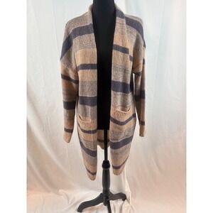 Cozy‎ Striped Open Front Cardigan Sweater Tan Grayish Blue Pockets